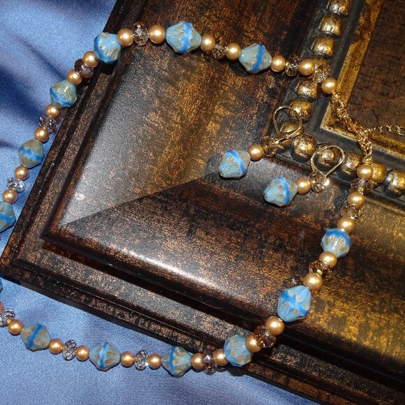 Handmade necklace/earring set with sky-blue Czech bicones and Austrian crystals - Picture 3 of 8